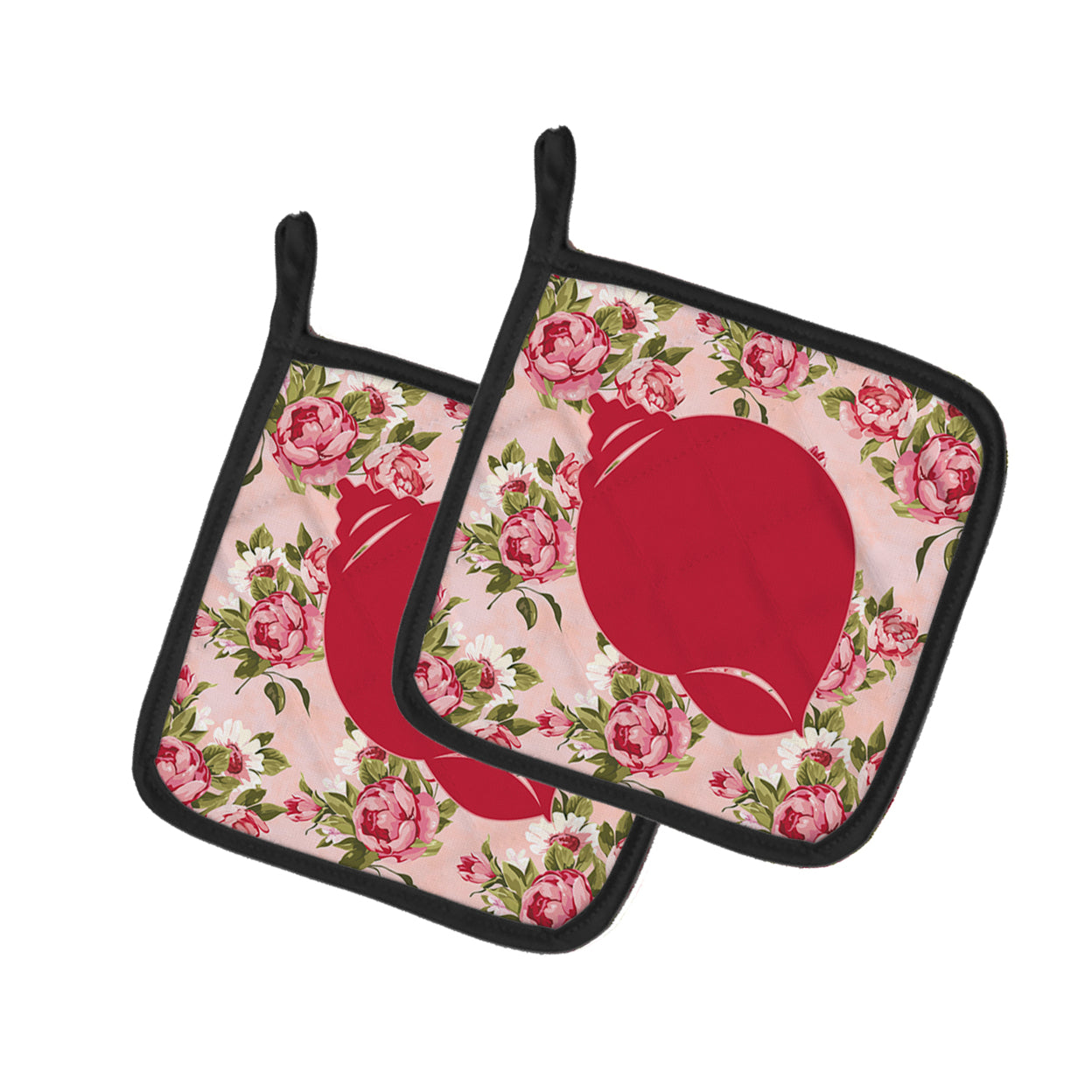 Caroline's Treasures Pair of Pot Holders, Shell Shabby Chic Pink Roses, Polyester Fabric, Insulated Fabric, 7.5HX7.5W, Multicolor