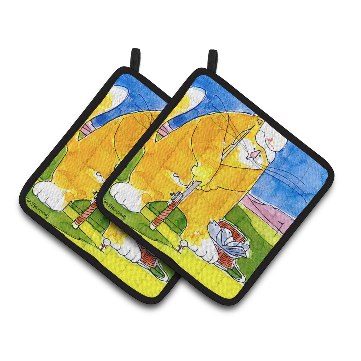 Big Cat golfing with a fishing pole Pair of Pot Holders