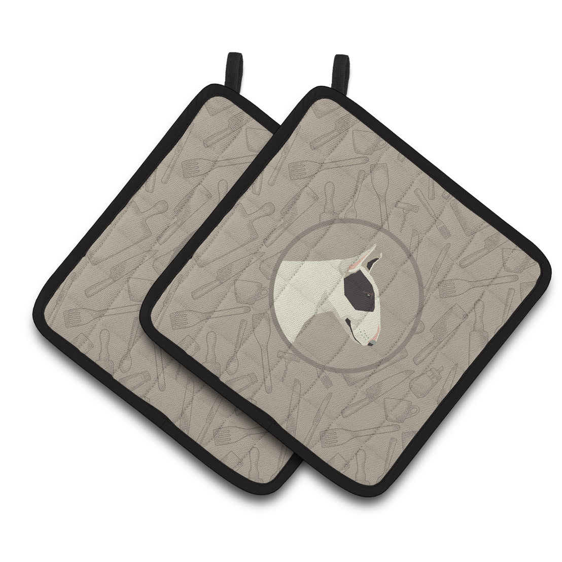 Caroline's Treasures Black and White Bull Terrier In the Kitchen Pair of Pot Holders