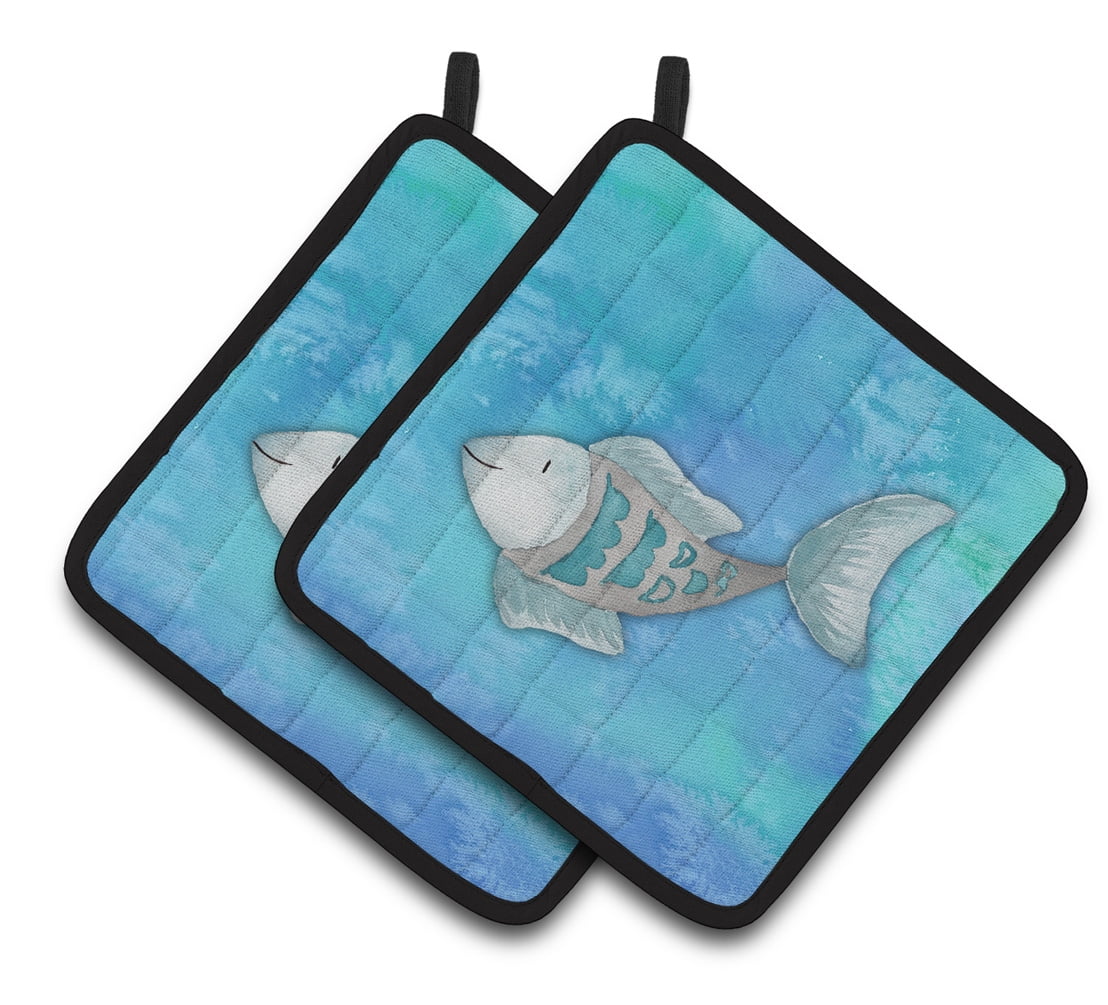 Blue Fish Watercolor Pair of Pot Holders