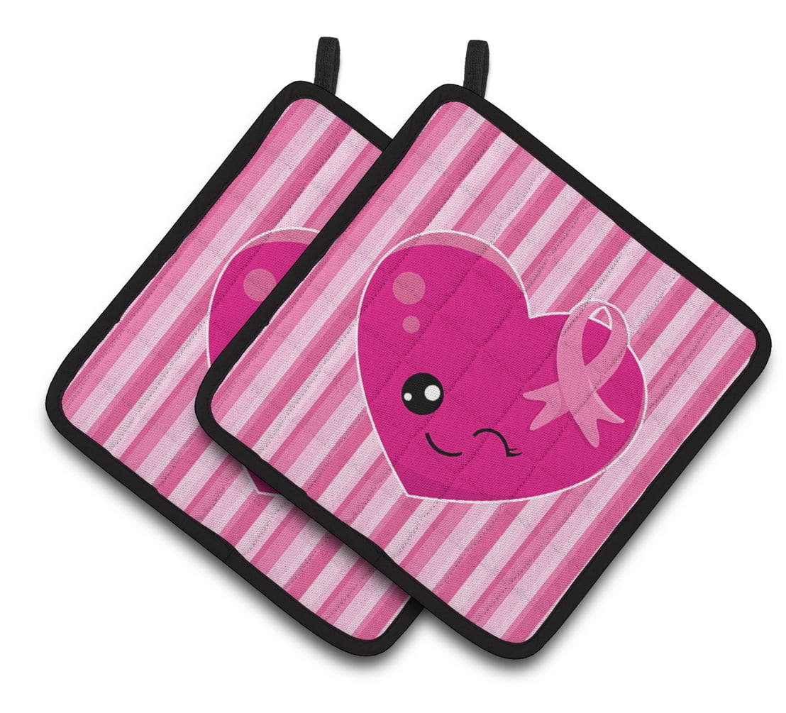 Breast Cancer Awareness Ribbon Heart Pair of Pot Holders