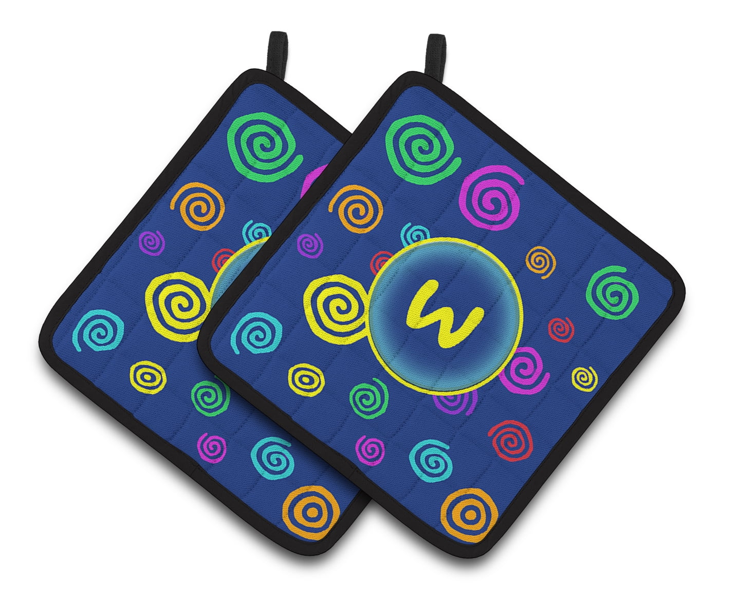 Letter W Initial Monogram - Blue Swirls Pair of Pot Holders