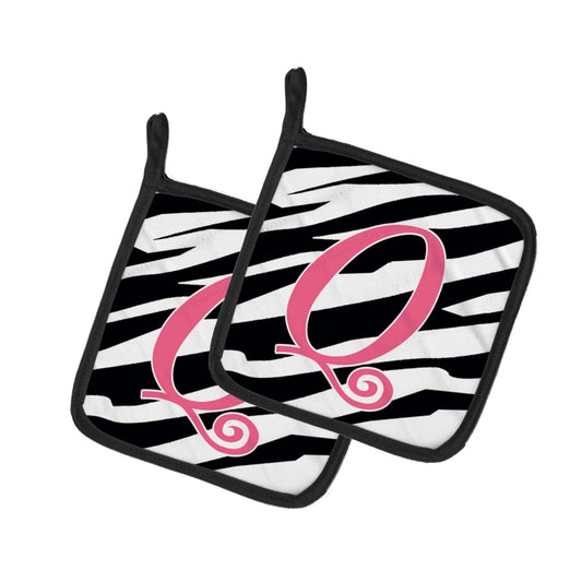 Caroline's Treasures CJ1037-QPTHD Letter Q Initial Zebra Stripe and Pink Pair of Pot Holders, 7.5HX7.5W, multicolor