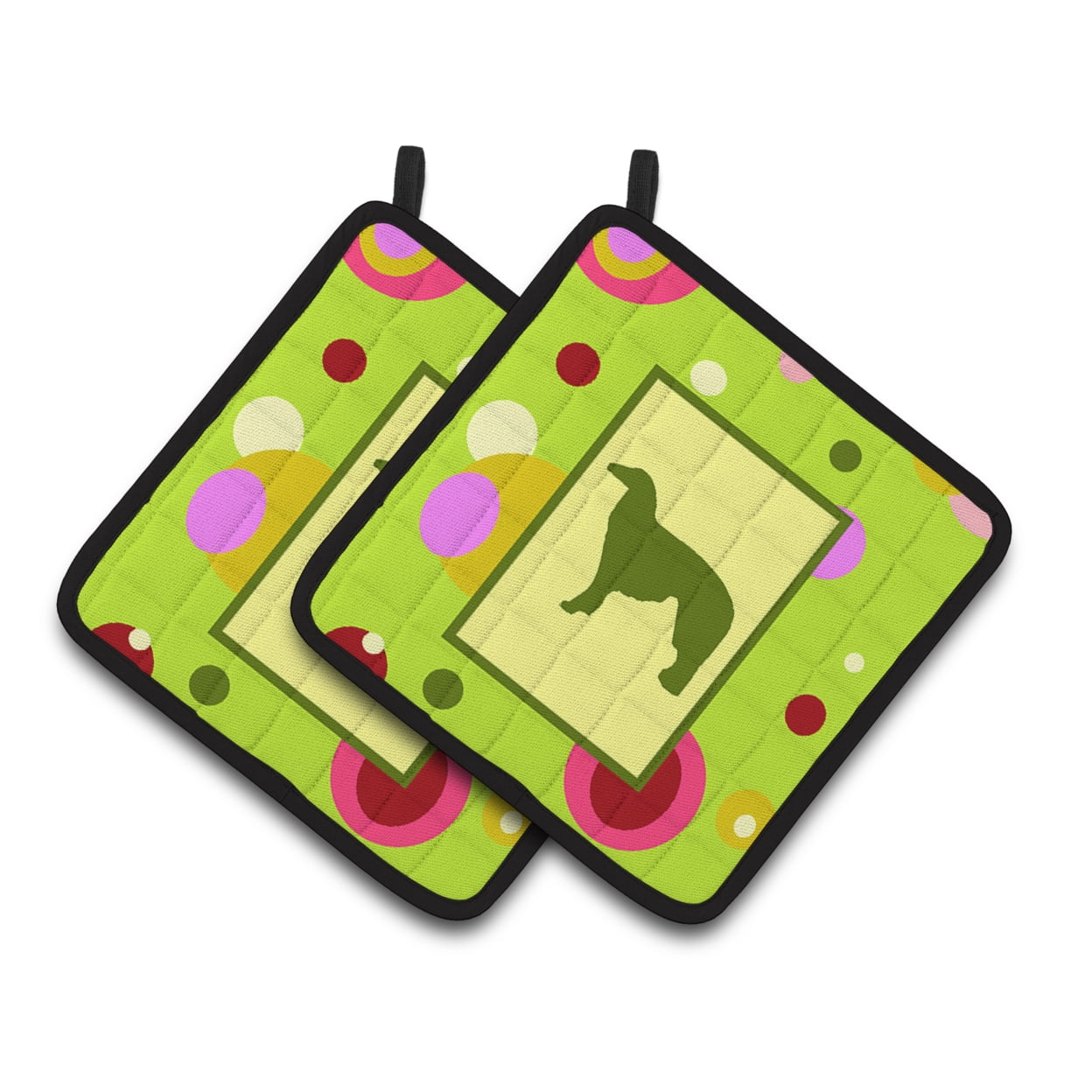 Caroline's Treasures CK1016PTHD Lime Green Dots Borzoi Pair of Pot Holders , 7.5HX7.5W, multicolor