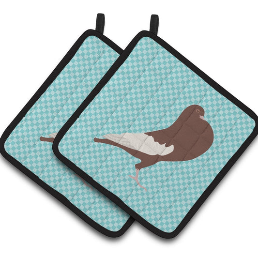 Caroline's Treasures English Pouter Pigeon Blue Check Pair of Pot Holders