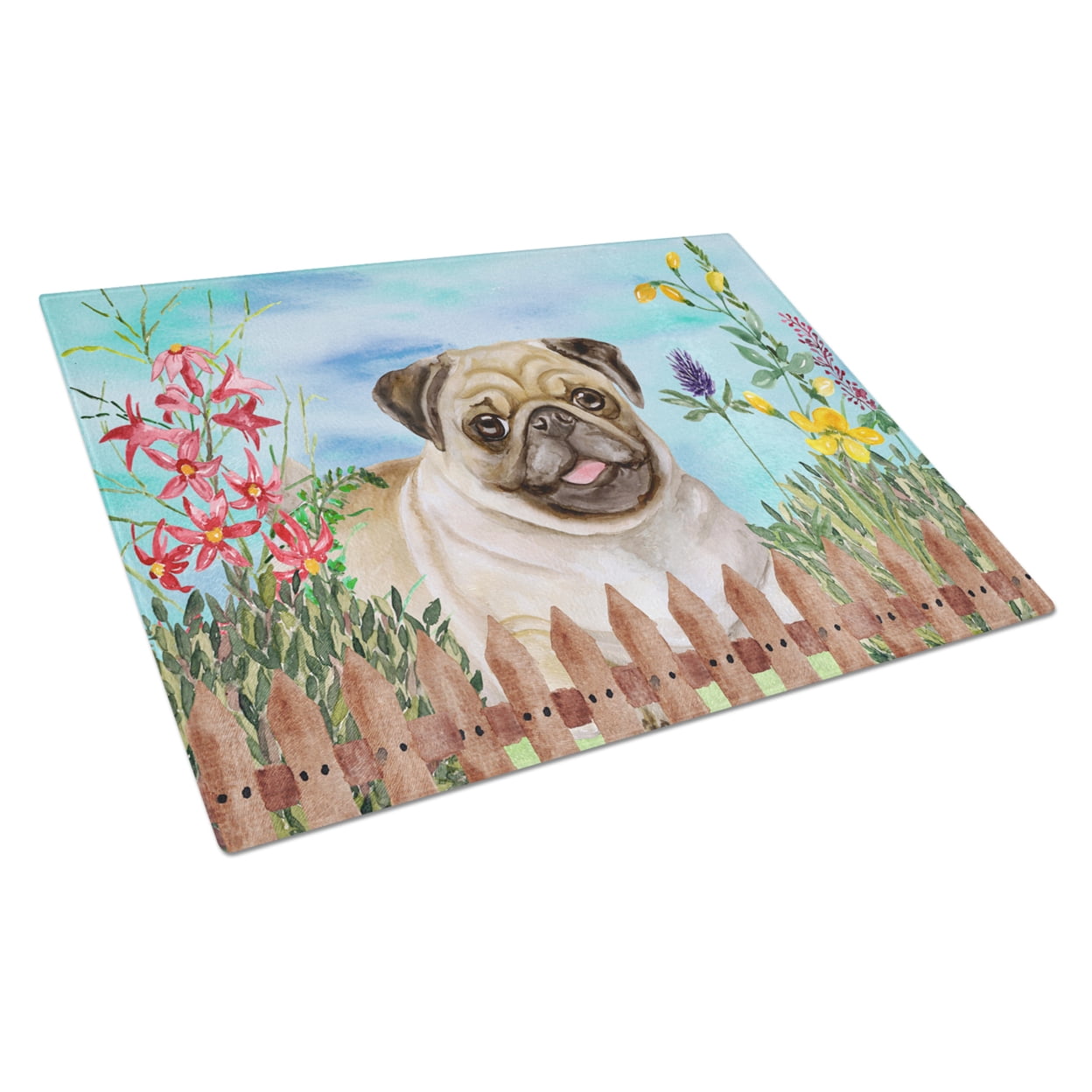 Caroline's Treasures Fawn Pug Spring Glass Cutting Board Large