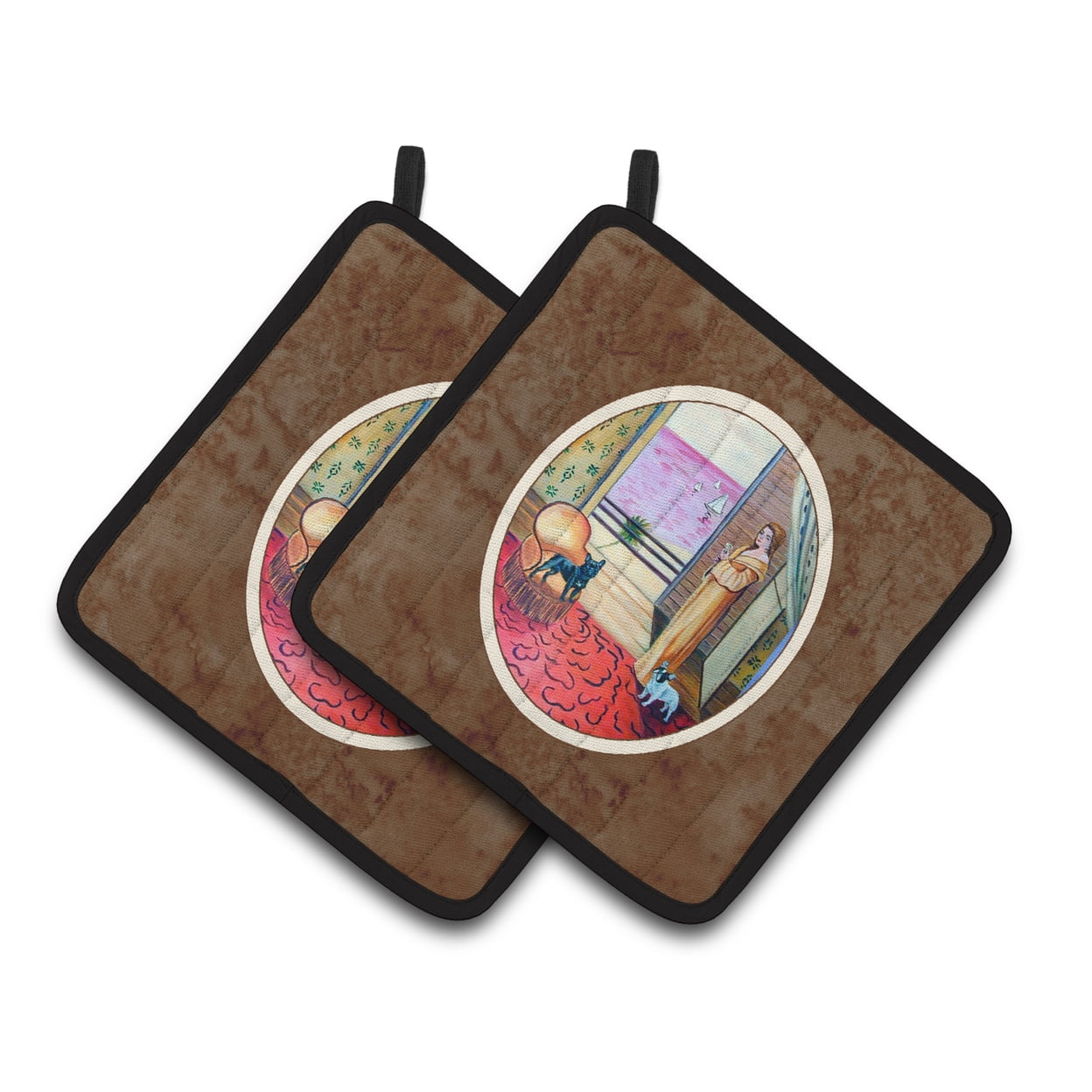 French Bulldog and lady Pair of Pot Holders