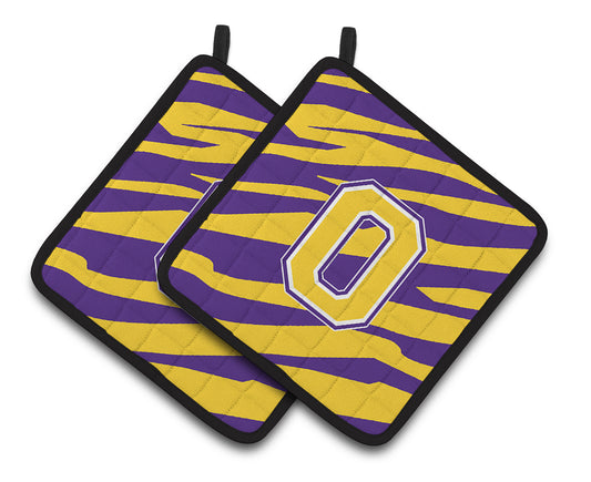 Caroline's Treasures Letter O Monogram with Tiger Stripes Pot Holders (1 Pair), 7.5" x 7.5", Purple/Gold