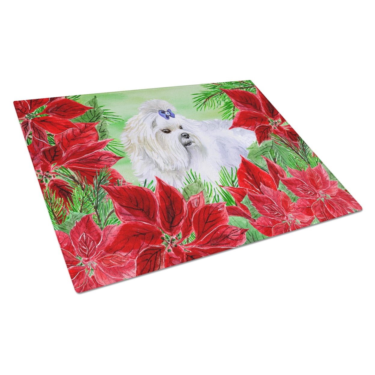Caroline's Treasures Maltese Poinsettas Glass Cutting Board Large