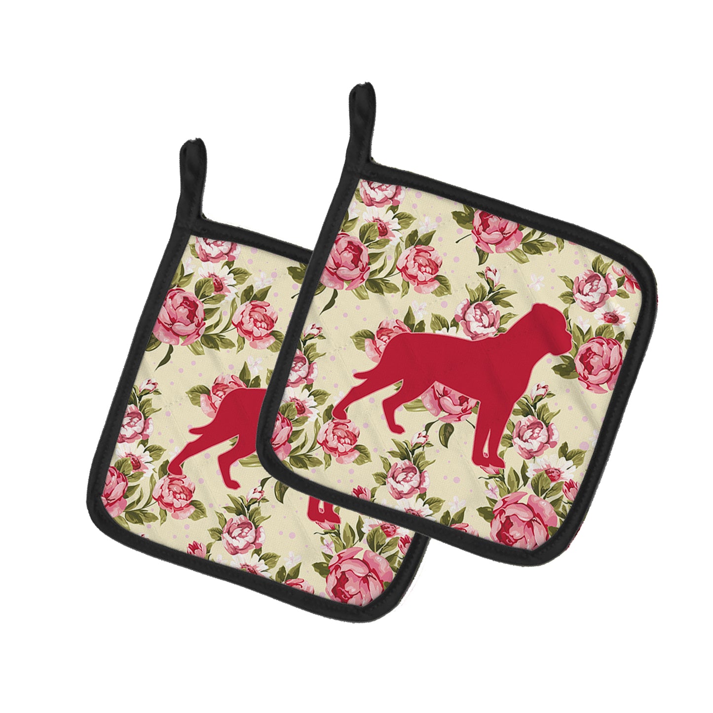 Rottweiler Shabby Chic Yellow Roses Pair of Pot Holders