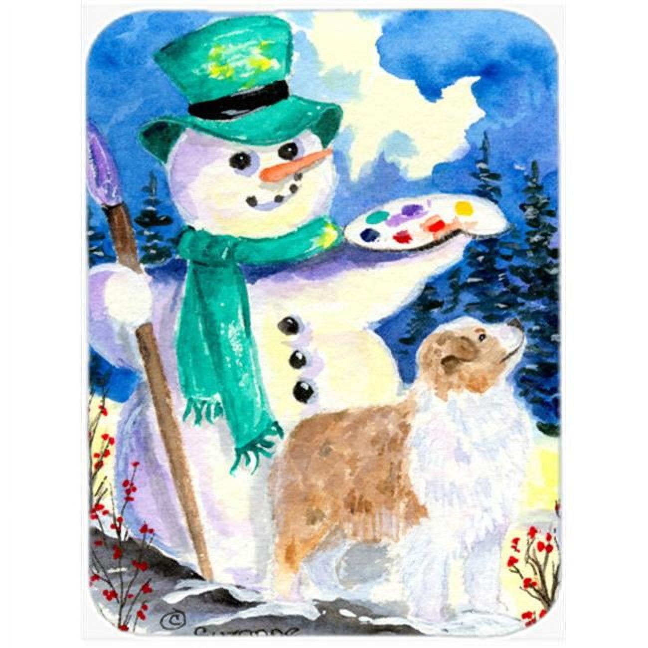 Caroline's Treasures Snowman with Australian Shepherd Glass Cutting Board Large