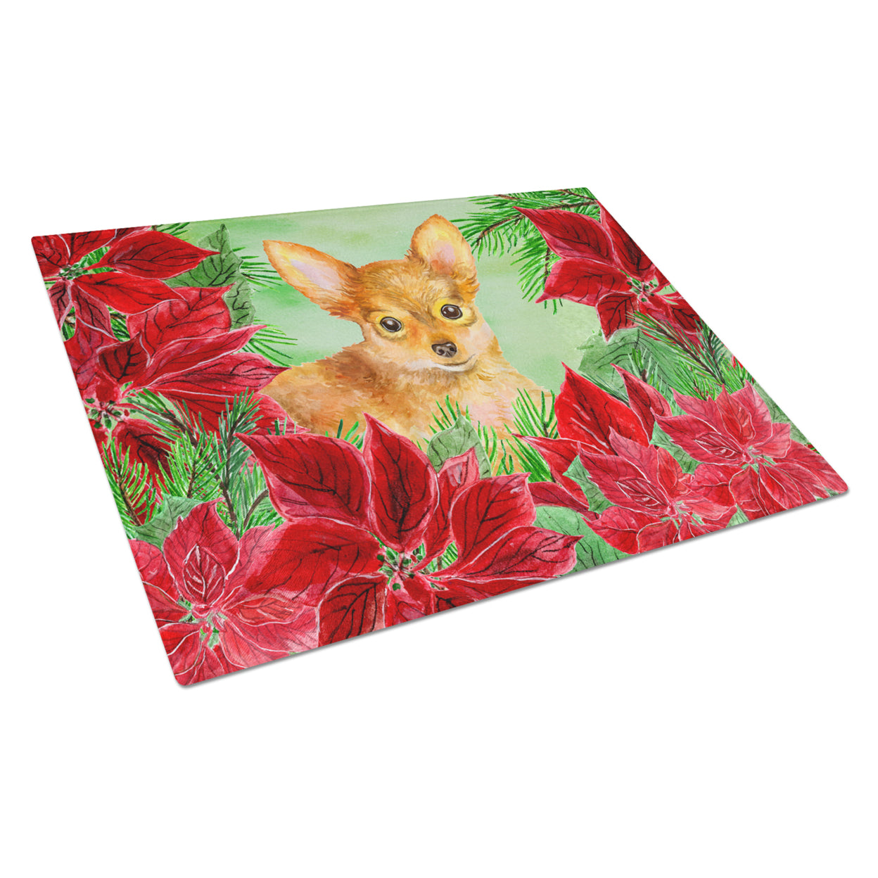 Caroline's Treasures Toy Terrier Poinsettas Glass Cutting Board Large