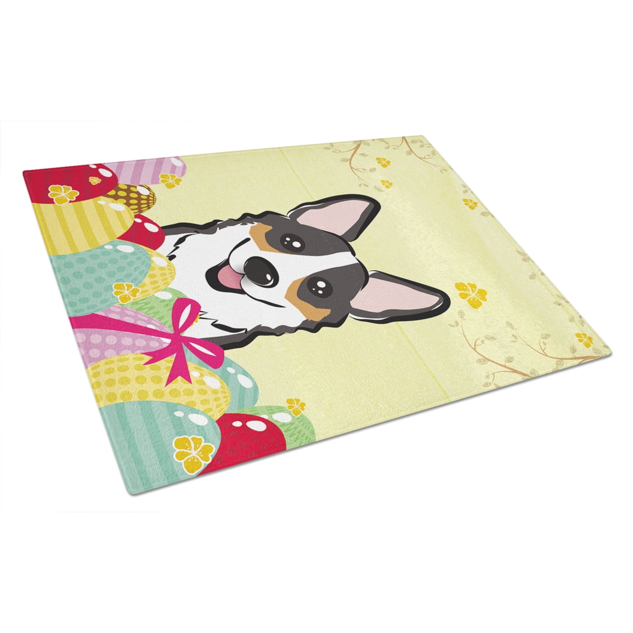 Caroline's Treasures Tricolor Corgi Easter Egg Hunt Glass Cutting Board Large