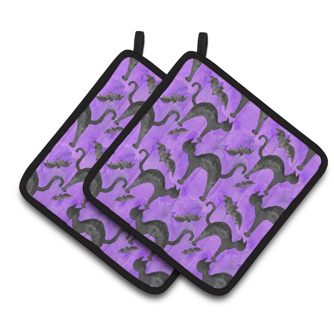 Watecolor Halloween Black Cats on Purple Pair of Pot Holders