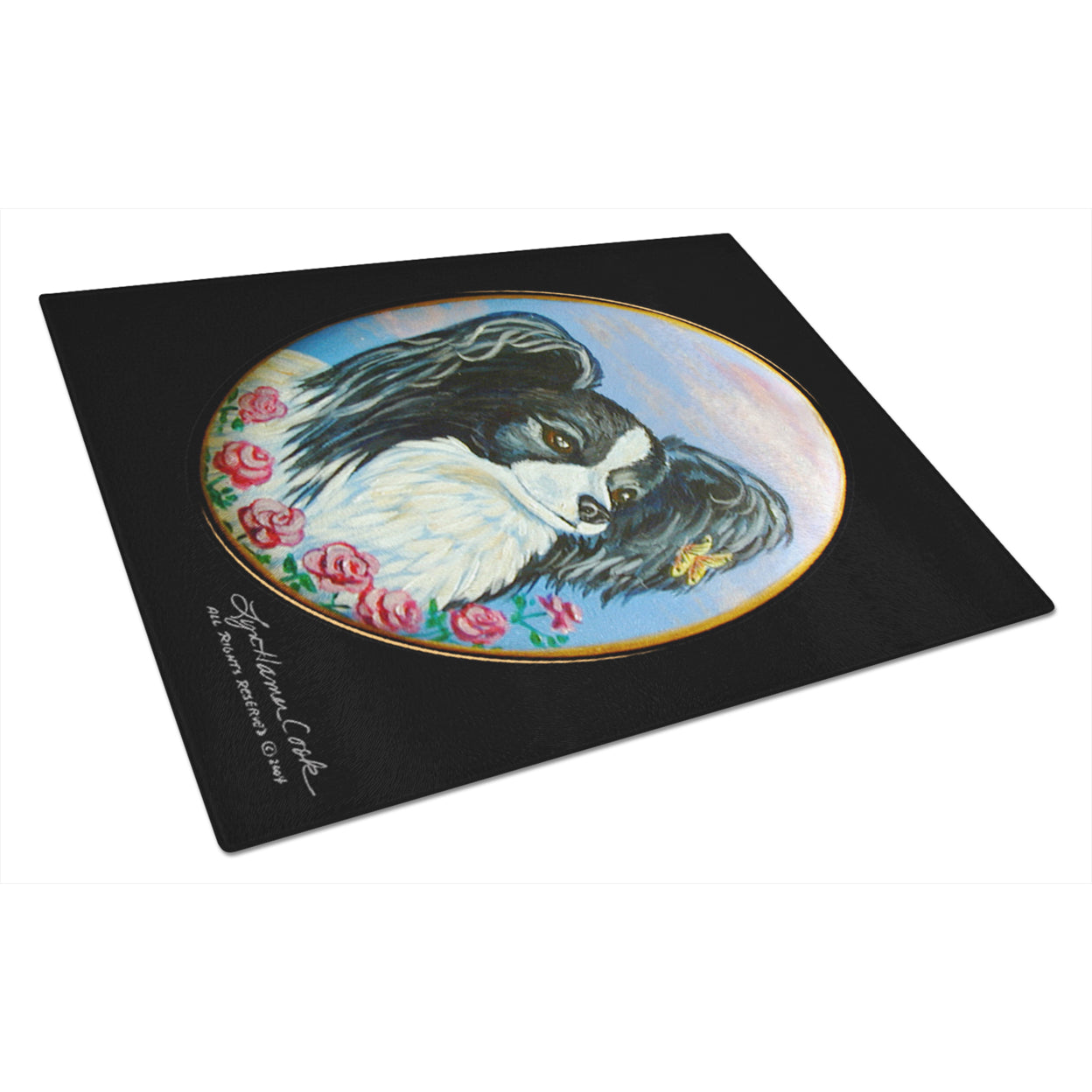 Carolines Treasures 7247LCB Black and White Papillon Glass Cutting Board Large, 12H x 16W, multicolor
