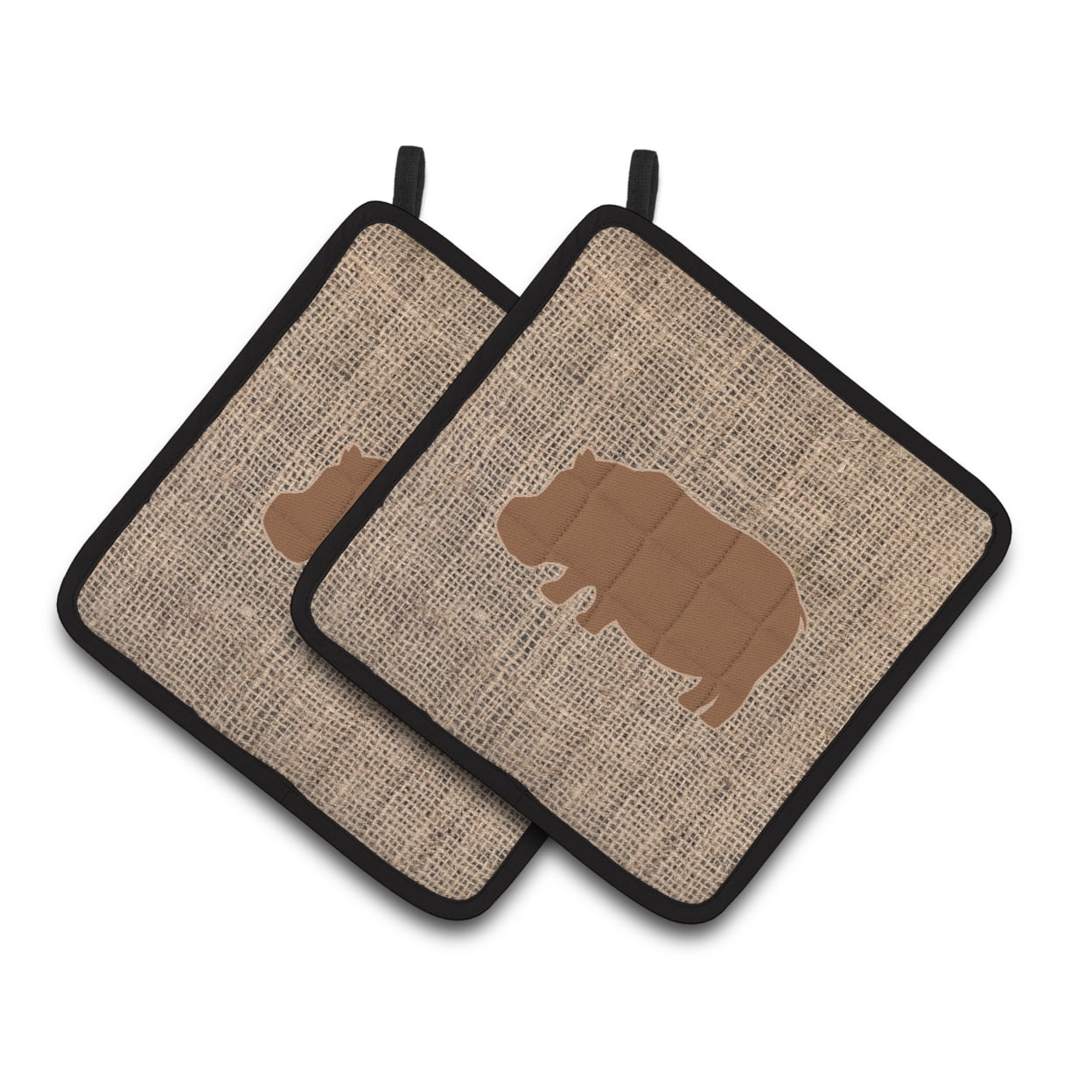 Carolines Treasures BB1130-BL-BN-PTHD Hippopotamus Faux Burlap and Brown Pair of Pot Holders , 7.5HX7.5W, multicolor