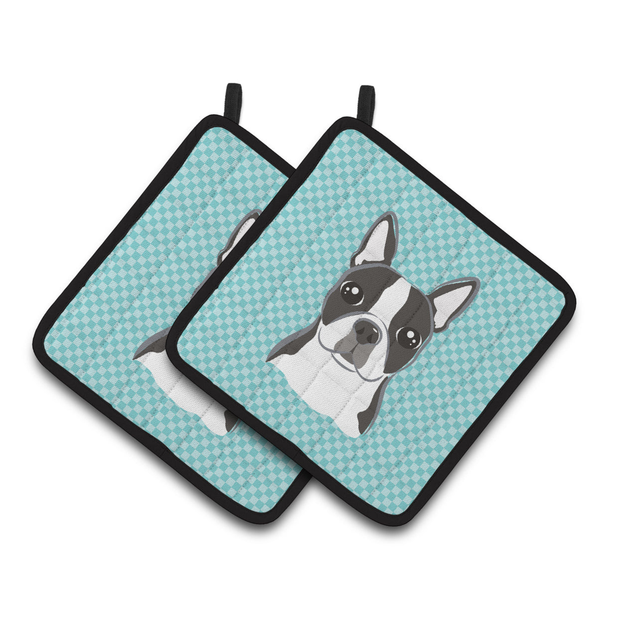 Carolines Treasures BB1141PTHD Checkerboard Blue Boston Terrier Pair of Pot Holders , 7.5HX7.5W, multicolor