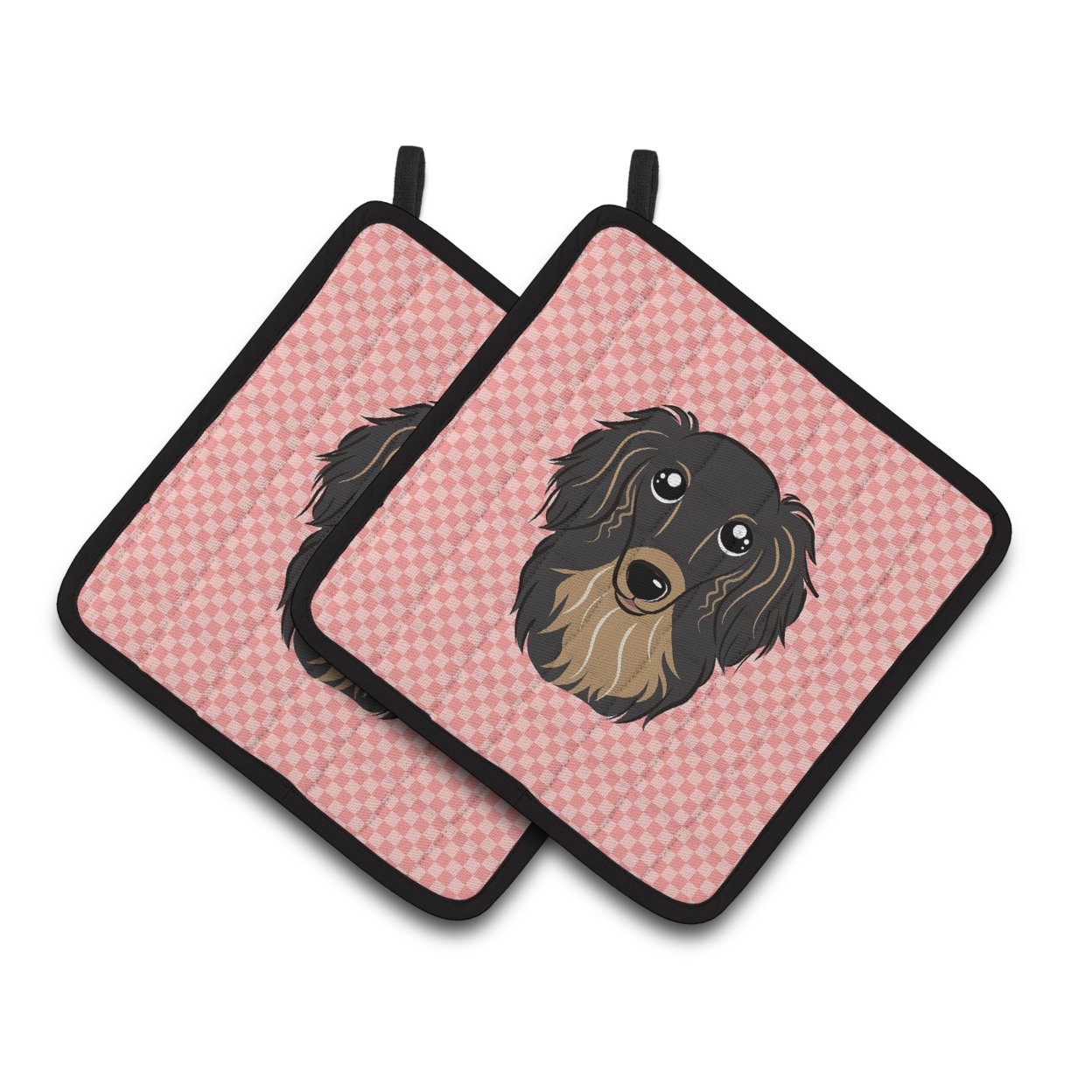Carolines Treasures BB1213PTHD Checkerboard Pink Longhair Black and Tan Dachshund Pair of Pot Holders  7.5HX7.5W