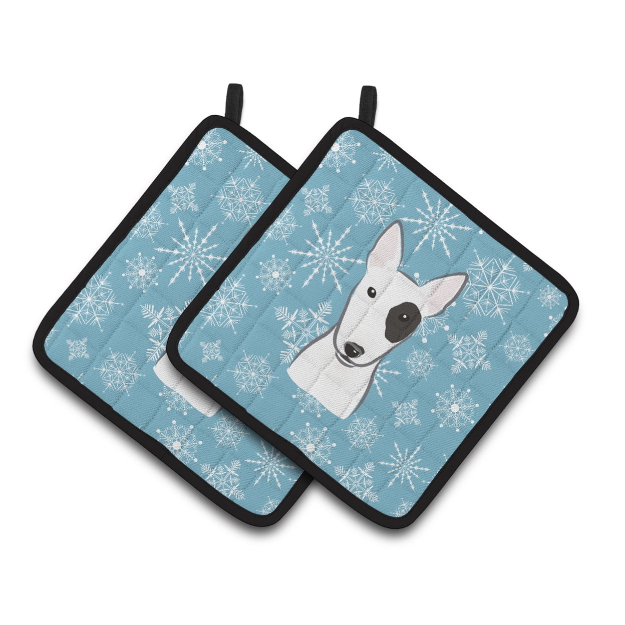 Carolines Treasures BB1643PTHD Snowflake Bull Terrier Pair of Pot Holders  7.5HX7.5W multicolor