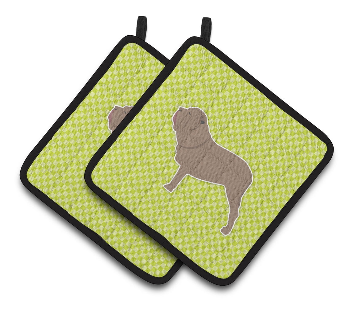 Neapolitan Mastiff Checkerboard Green Pair of Pot Holders