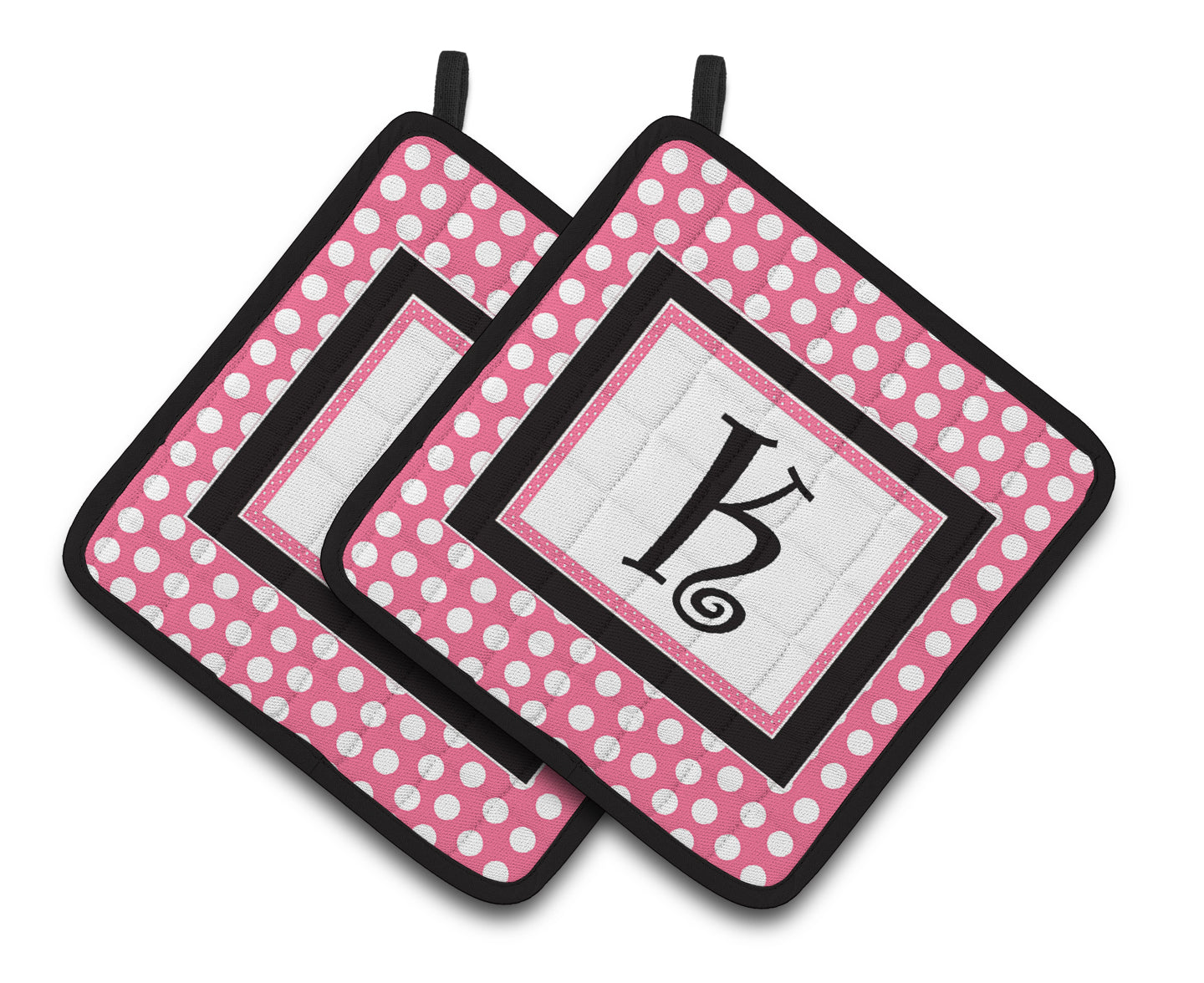 Letter K Monogram - Pink Black Polka Dots Pair of Pot Holders