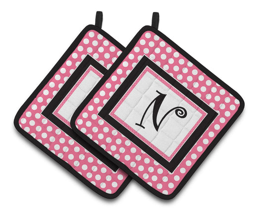 Letter N Monogram - Pink Black Polka Dots Pair of Pot Holders
