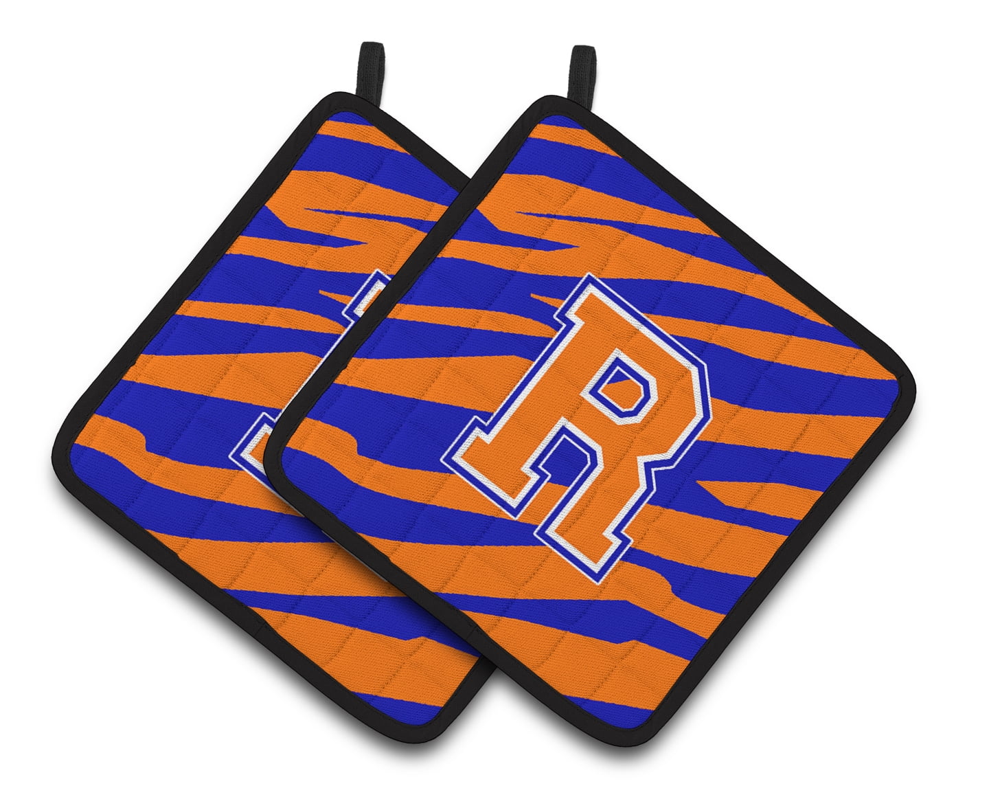 Carolines Treasures CJ1023-RPTHD Letter R Initial Tiger Stripe - Blue Orange Pair of Pot Holders, 7.5HX7.5W, multicolor