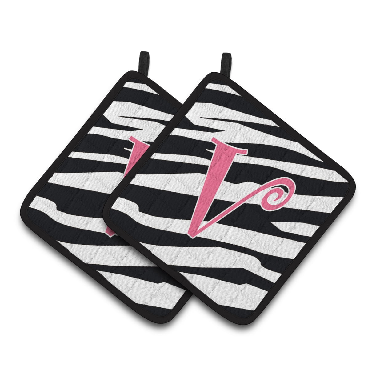 Monogram Initial V Zebra Stripe and Pink Pair of Pot Holders