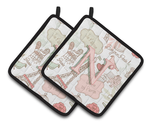 Carolines Treasures CJ2002-NPTHD Letter N Love in Paris Pink Pair of Pot Holders, 7.5 x 3 x 7.5 in.