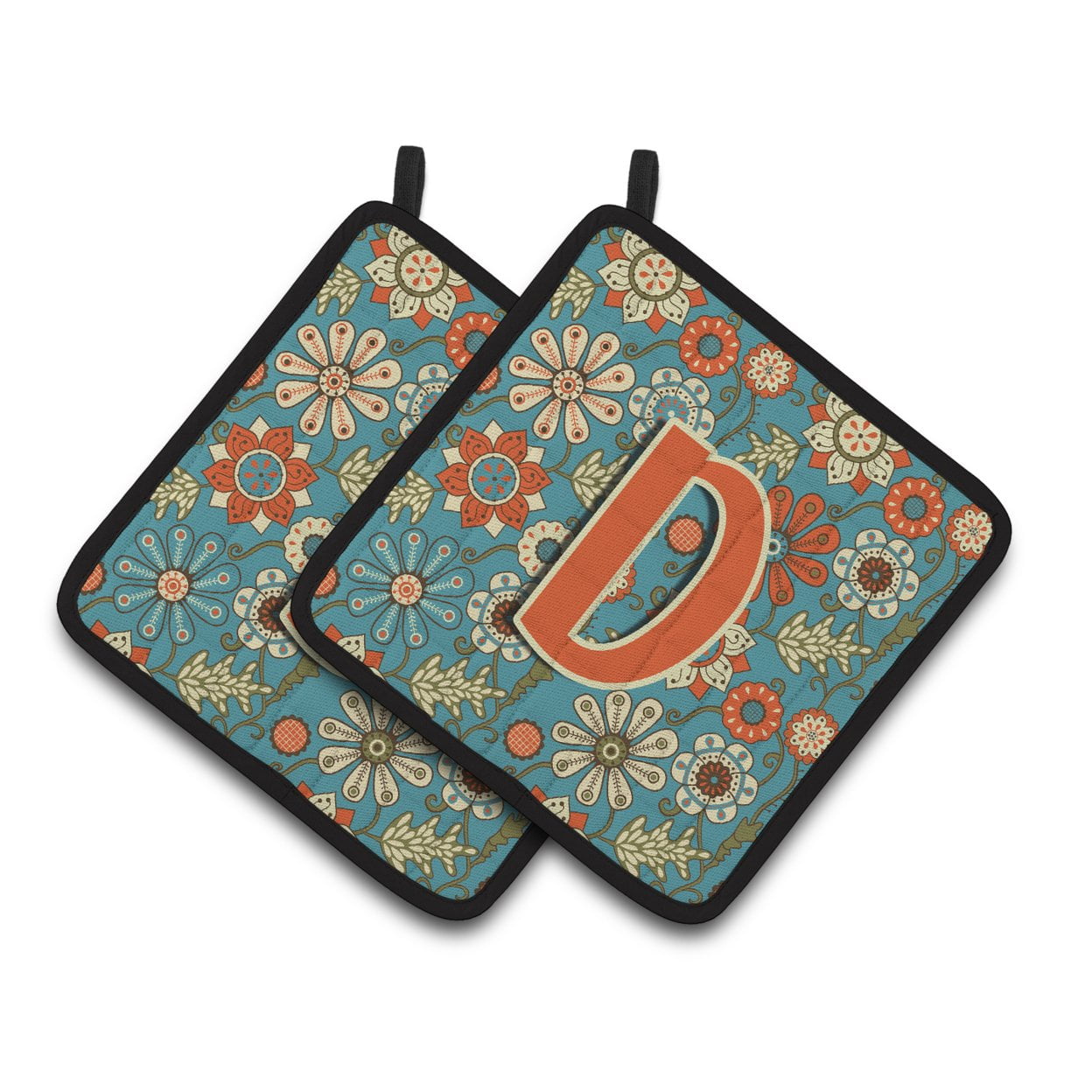 Carolines Treasures CJ2012-DPTHD Letter D Flowers Retro Blue Pair of Pot Holders, 7.5HX7.5W, multicolor