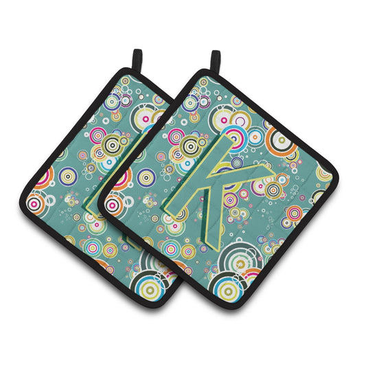 Carolines Treasures CJ2015-KPTHD Letter K Circle Circle Teal Initial Alphabet Pair of Pot Holders, 7.5HX7.5W, multicolor
