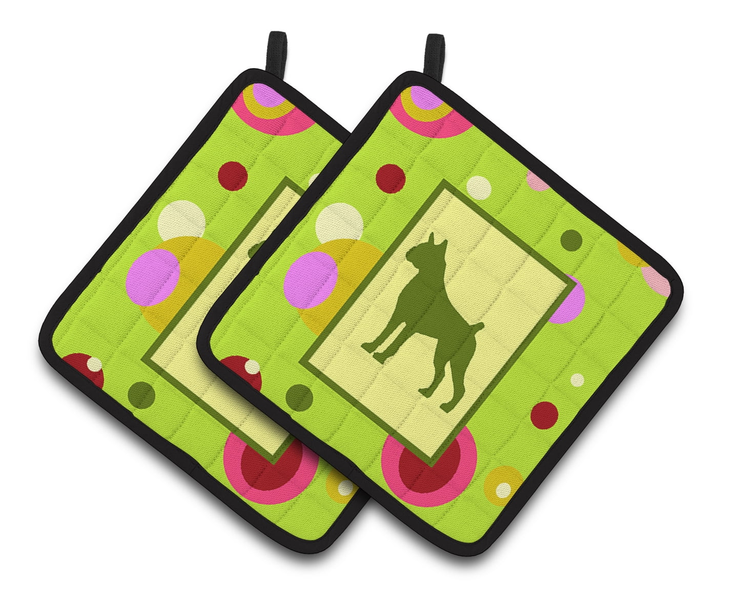Carolines Treasures CK1075PTHD Lime Green Dots Boxer Pair of Pot Holders  7.5HX7.5W multicolor