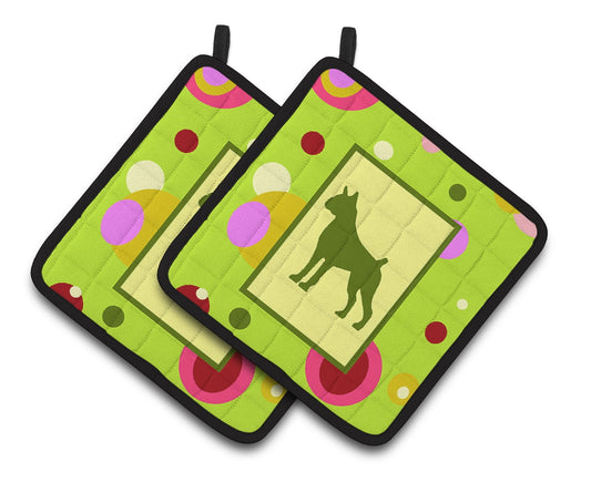 Carolines Treasures CK1075PTHD Lime Green Dots Boxer Pair of Pot Holders  7.5HX7.5W multicolor