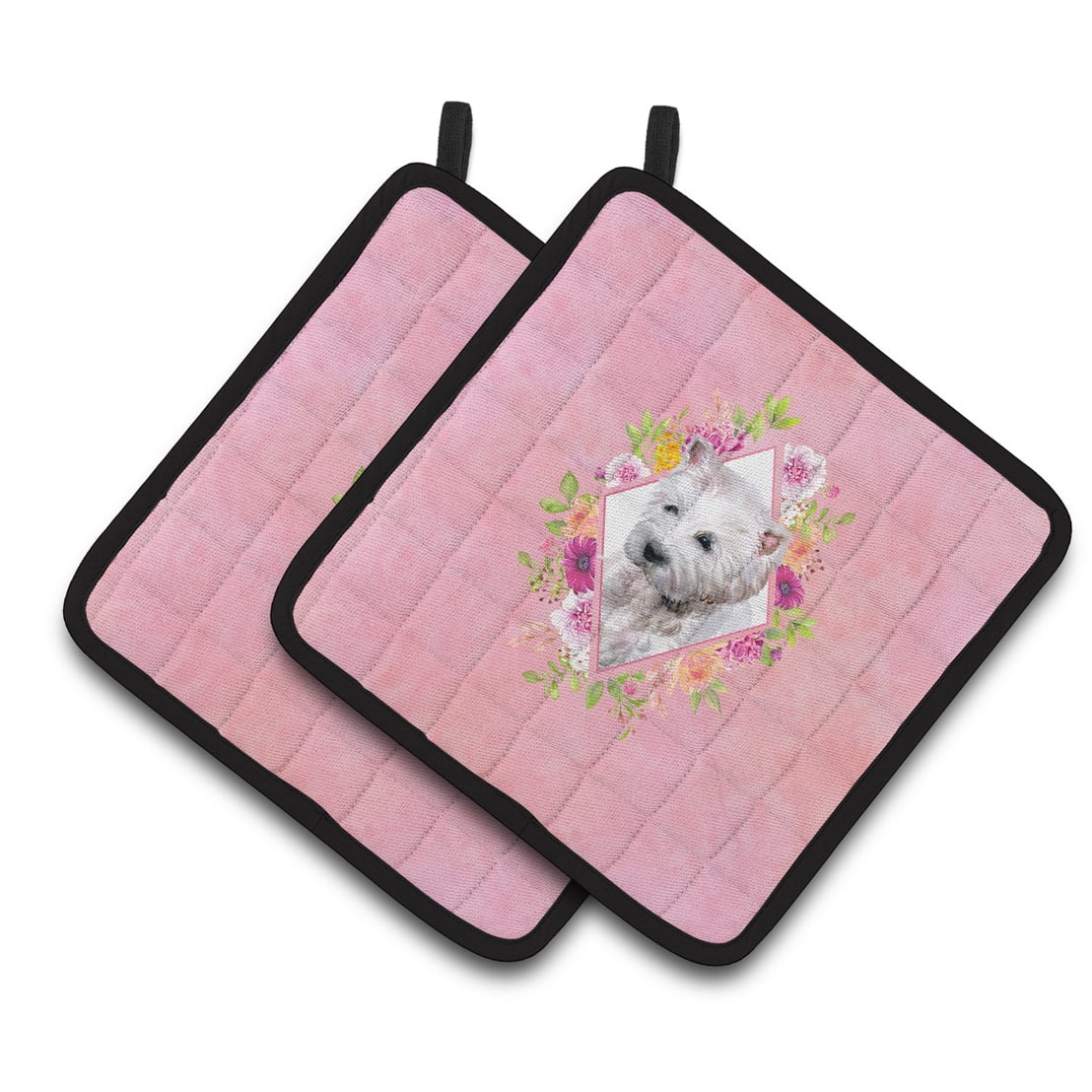 Carolines Treasures CK4193PTHD West Highland White Terrier Pink Flowers Pair of Pot Holders 7.5HX7.5W multicolor