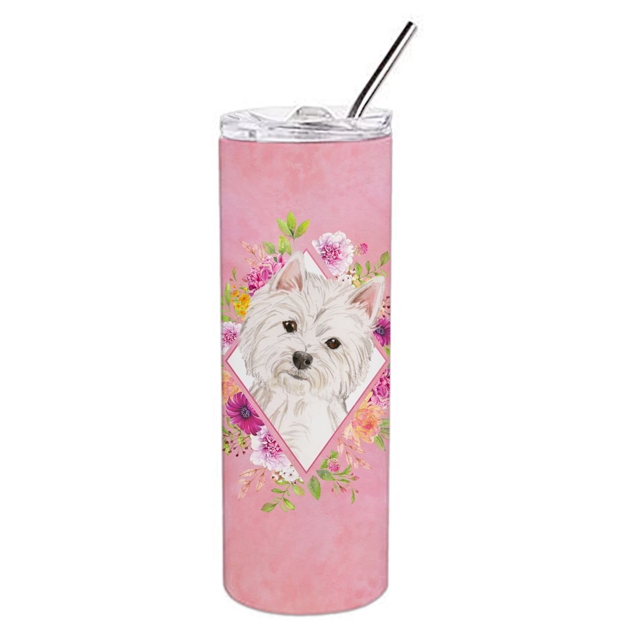 Carolines Treasures CK4203TBL20 Westie  Pink Flowers Stainless Steel 20 oz Skinny Tumbler 20 oz multicolor