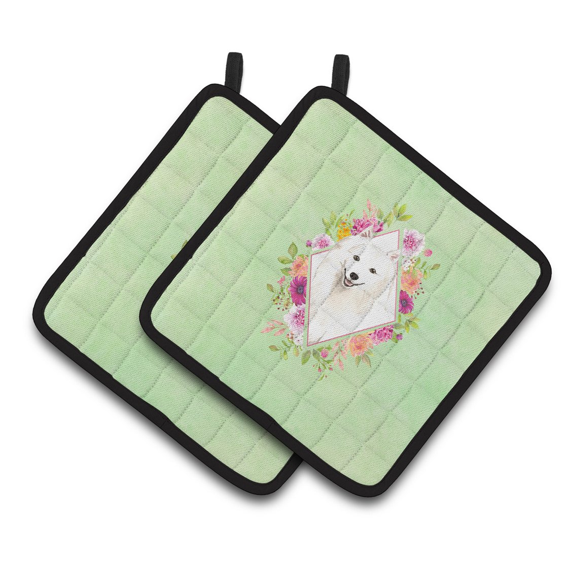 Japanese Spitz Green Flowers Pair of Pot Holders