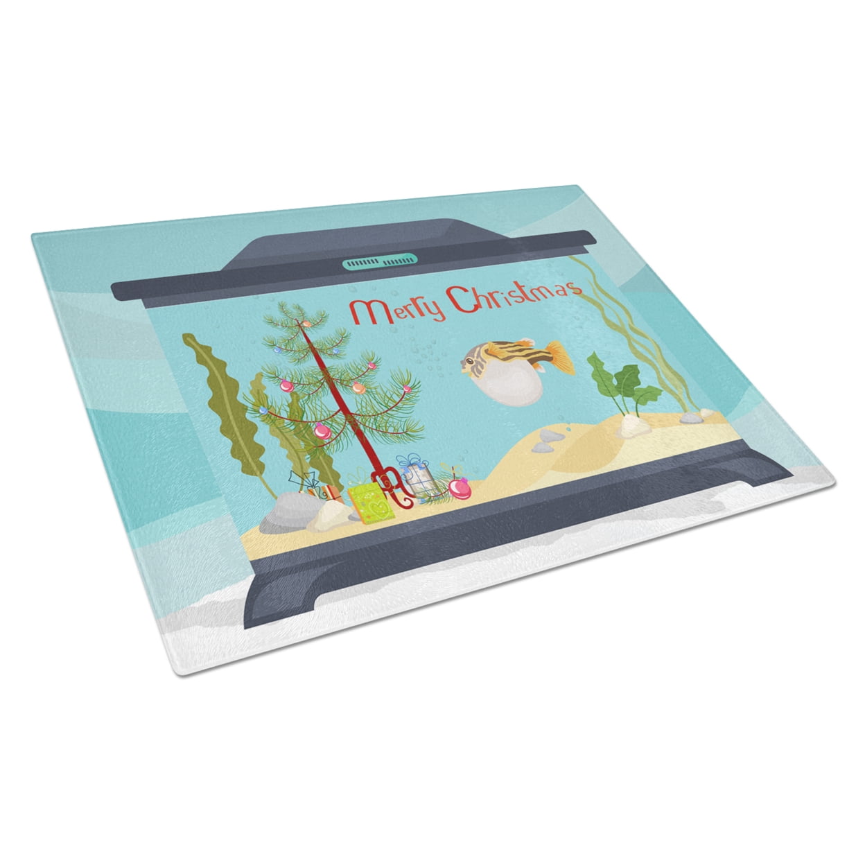 Carolines Treasures CK4535LCB Puffer Fish Merry Christmas Glass Cutting Board Large, 12H x 16W, multicolor