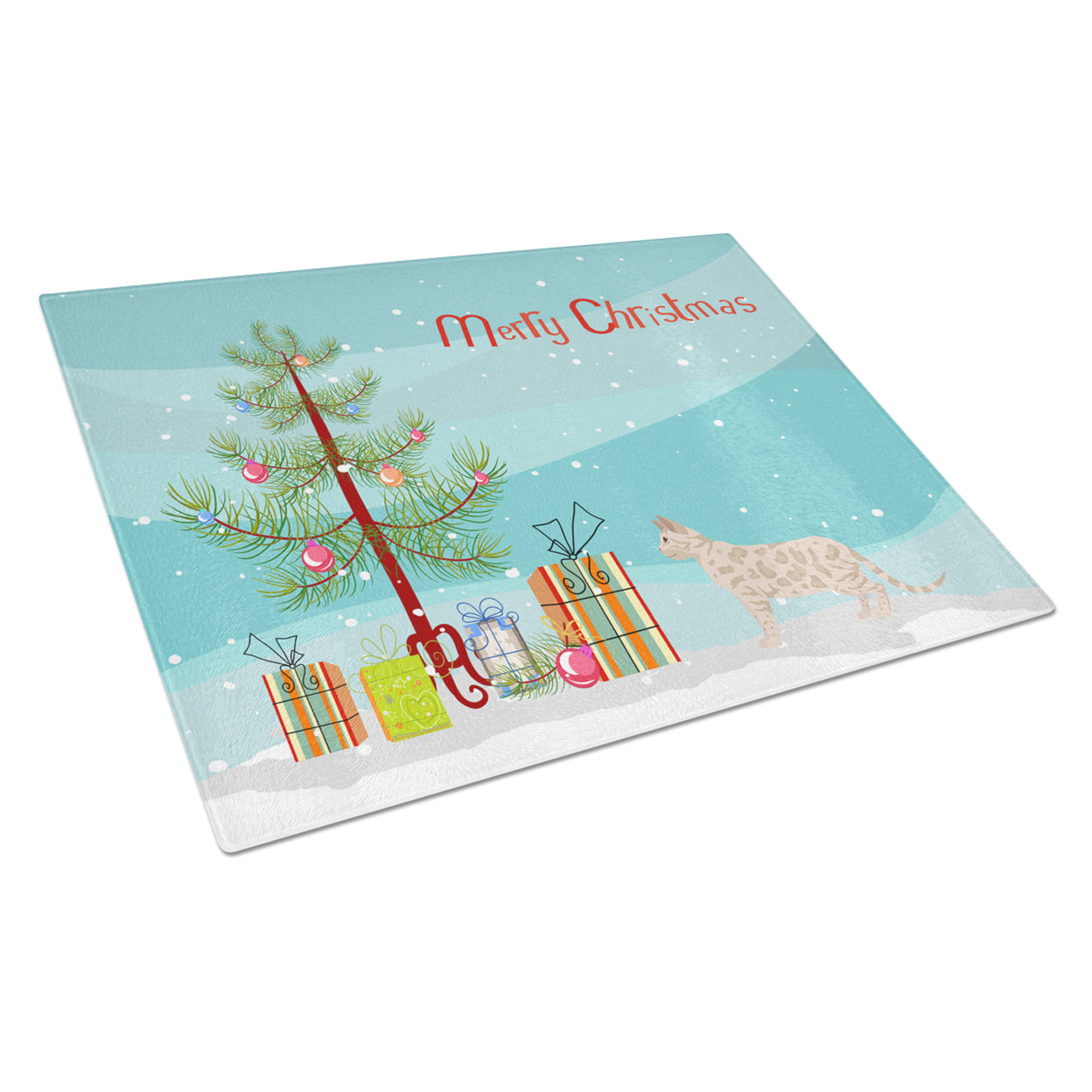 Carolines Treasures CK4568LCB Bengal 1 Cat Merry Christmas Glass Cutting Board Large, 12H x 16W, multicolor