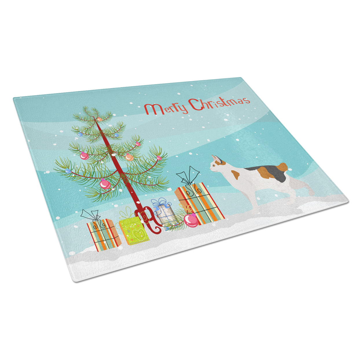Carolines Treasures CK4639LCB Korean Bobtail Cat Merry Christmas Glass Cutting Board Large, 12H x 16W, multicolor