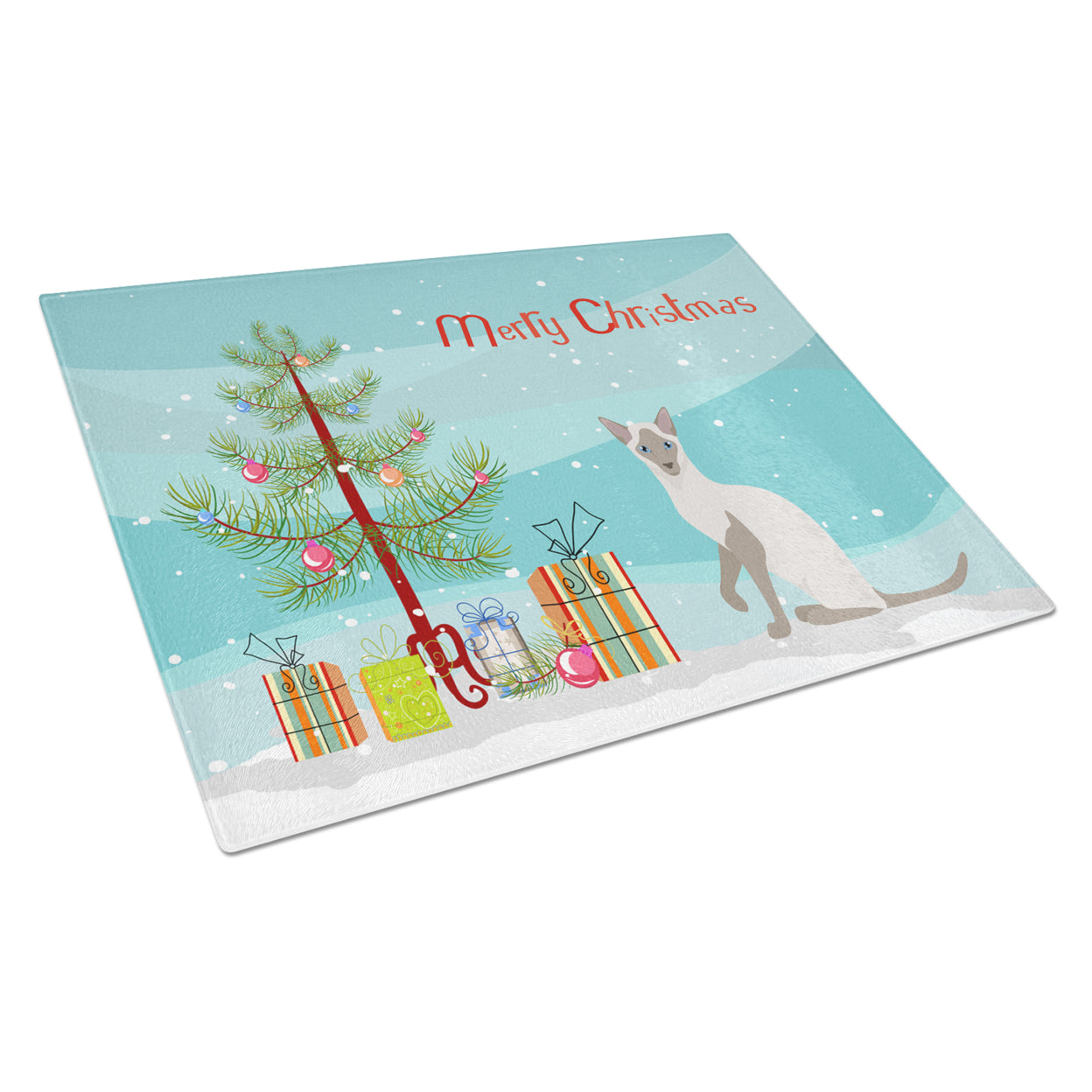 Carolines Treasures CK4792LCB Siamese Modern Cat Merry Christmas Glass Cutting Board Large, 12H x 16W, multicolor