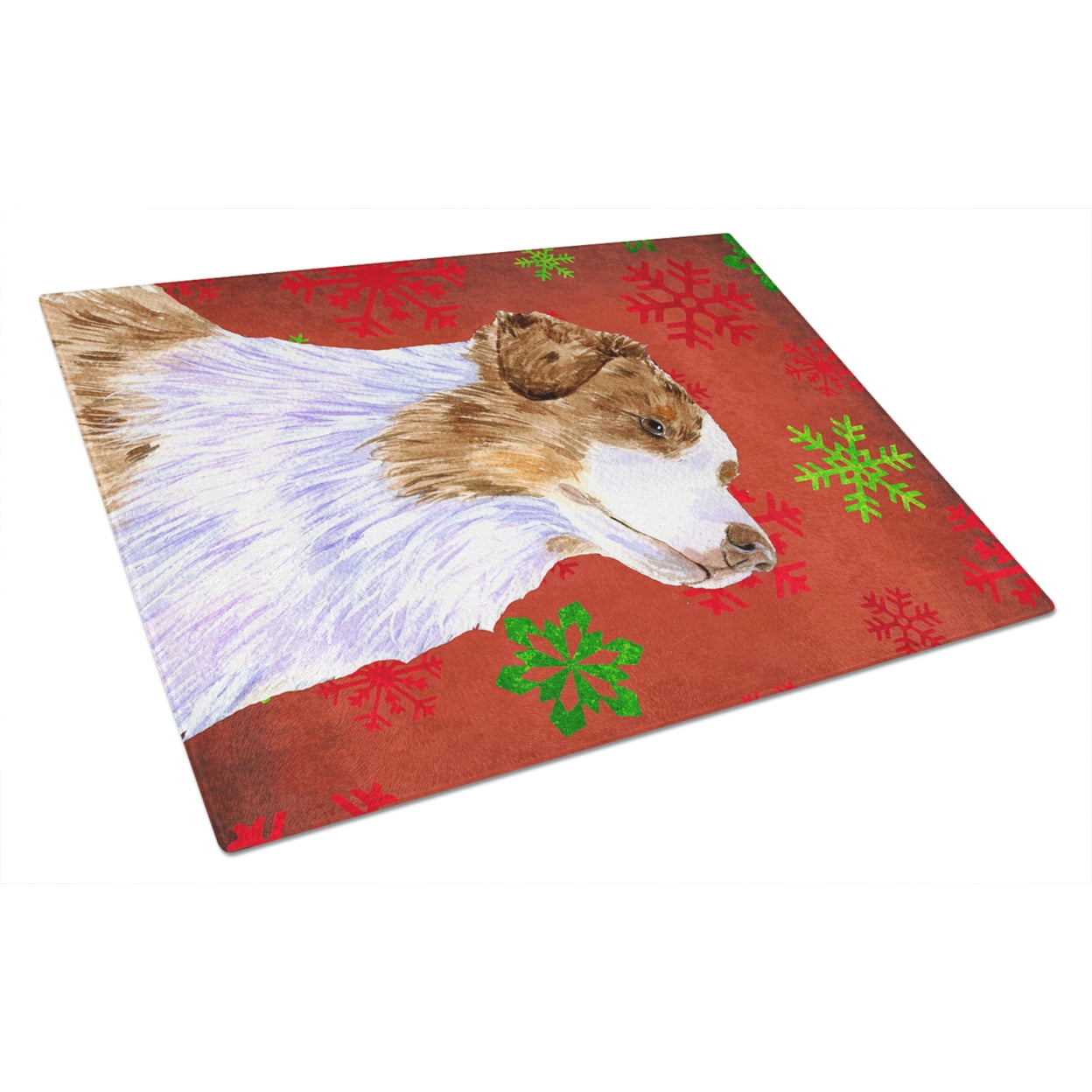 Carolines Treasures LH9318LCB Australian Shepherd Red Green Snowflakes Christmas Glass Cutting Board Large, 12H x 16W,