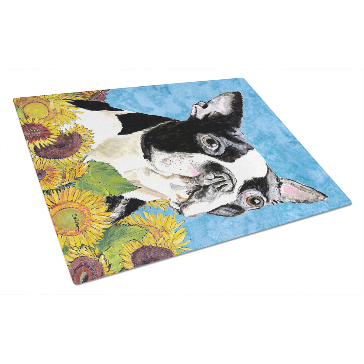 Carolines Treasures SC9063LCB Boston Terrier in Summer Flowers Glass Cutting Board Large, 12H x 16W, multicolor