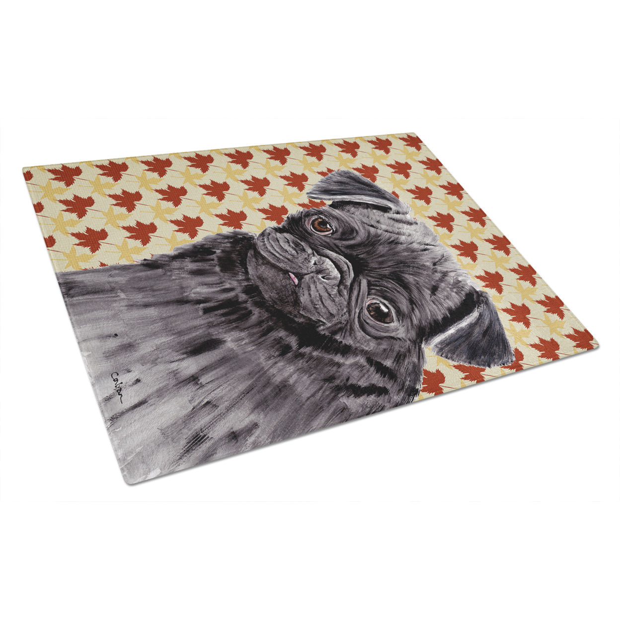 Carolines Treasures SC9206LCB Pug Black Fall Leaves Portrait Glass Cutting Board Large, 12H x 16W, multicolor