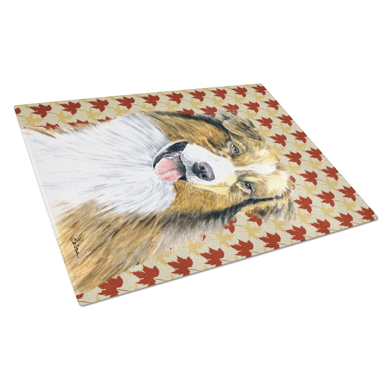 Carolines Treasures SC9237LCB Australian Shepherd Fall Leaves Portrait Glass Cutting Board Large, 12H x 16W, multicolor