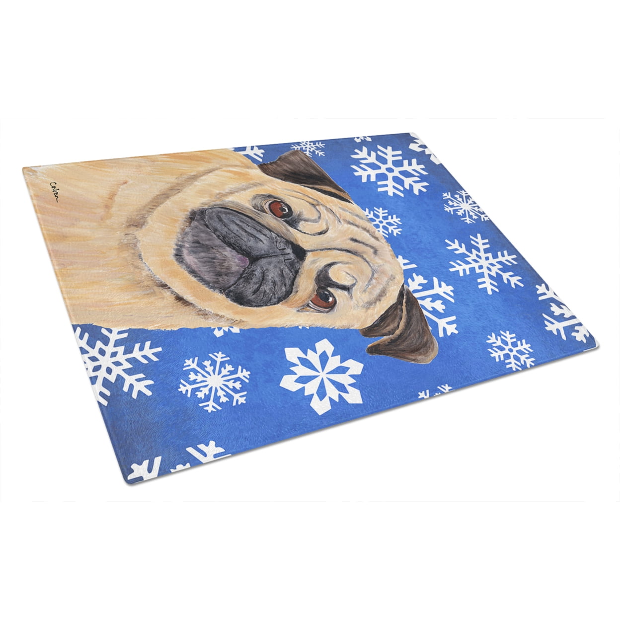 Carolines Treasures SC9371LCB Pug Winter Snowflakes Holiday Glass Cutting Board Large, 12H x 16W, multicolor