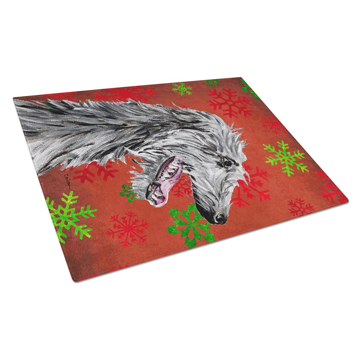 Carolines Treasures SC9765LCB Scottish Deerhound Red Snowflakes Holiday Glass Cutting Board Large, 12H x 16W, multicolor