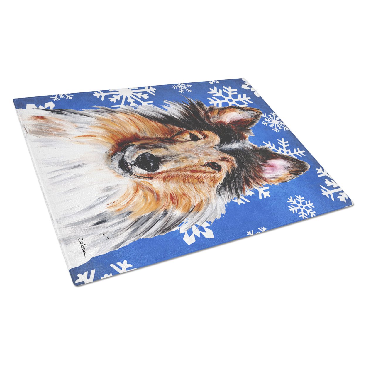 Carolines Treasures SC9766LCB Collie Winter Snowflakes Glass Cutting Board Large, 12H x 16W, multicolor