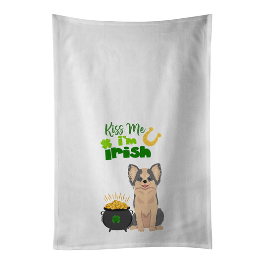 Longhaired Blue and White Chihuahua St. Patrick's Day White Kitchen Towel Set of 2 Dish Towels 19 in x 28 in