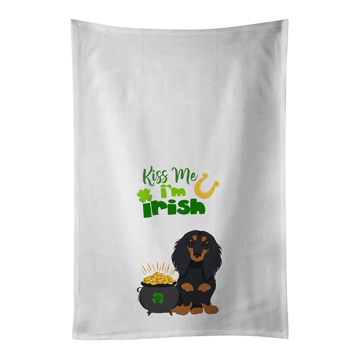 Longhair Black and Tan Dachshund St. Patrick's Day White Kitchen Towel Set of 2 Dish Towels 19 in x 28 in