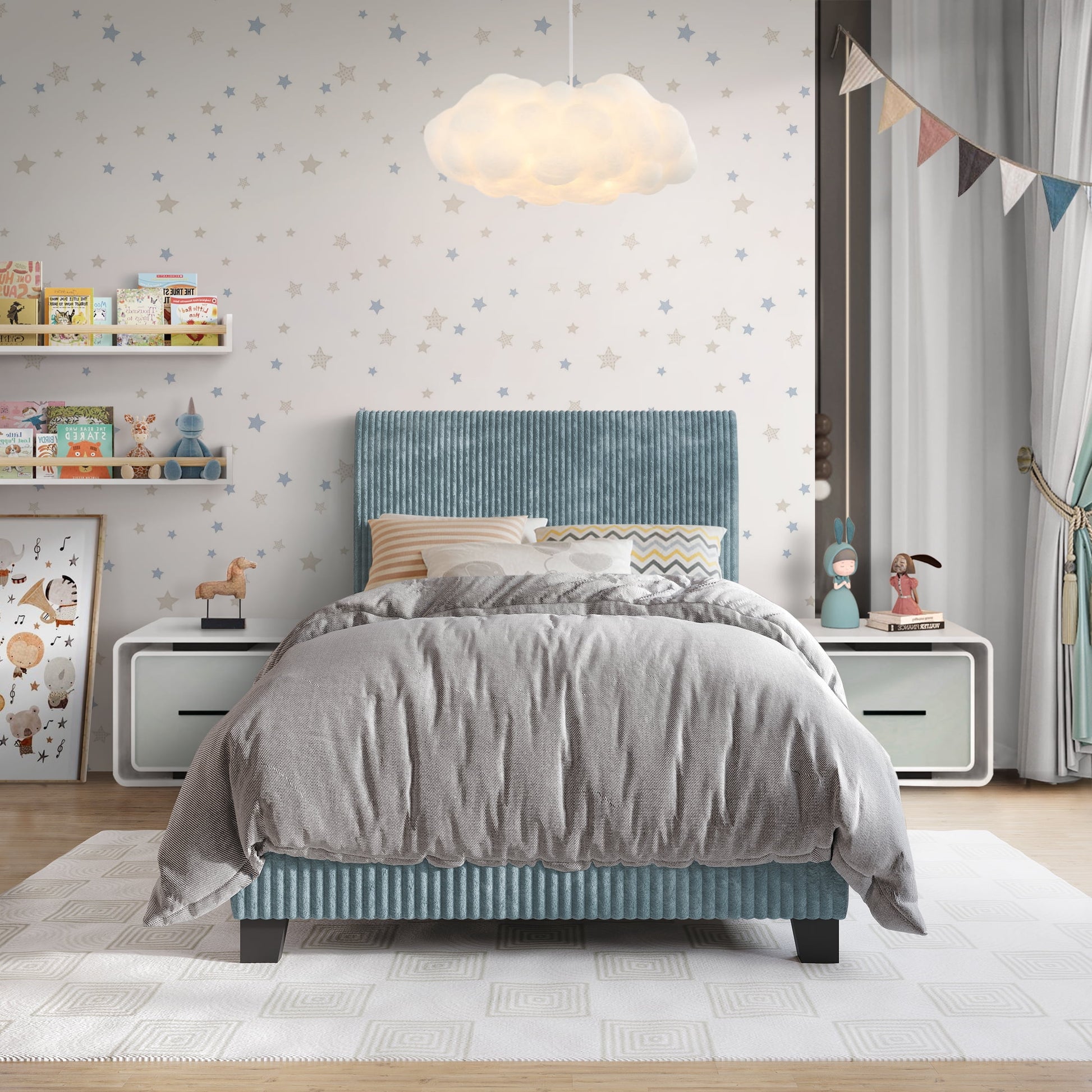 Castle Place Chic Corduroy Velvet Upholstered Queen Bed, White